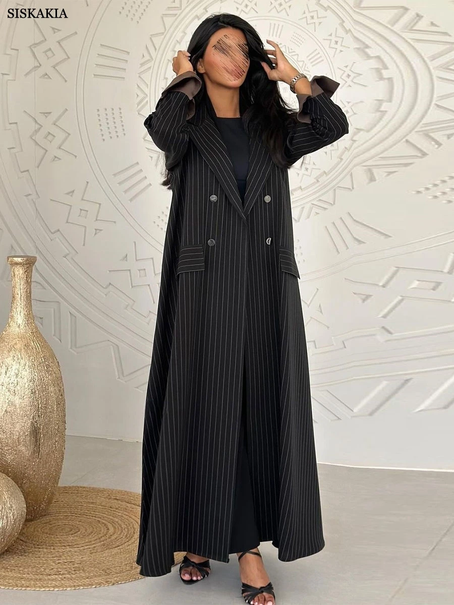 Siskakia Ramadan Muslim Women's Striped stylish Open abaya Elegant Casual Dresses Dubai Folds Sleeve Kaftan