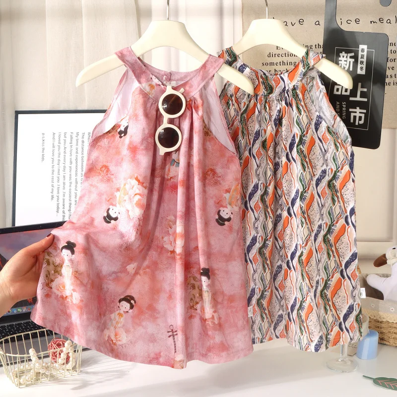 Customized girls' summer dress, stylish princess dress, sleeveless beach dress for little girls, sweet children's dress
