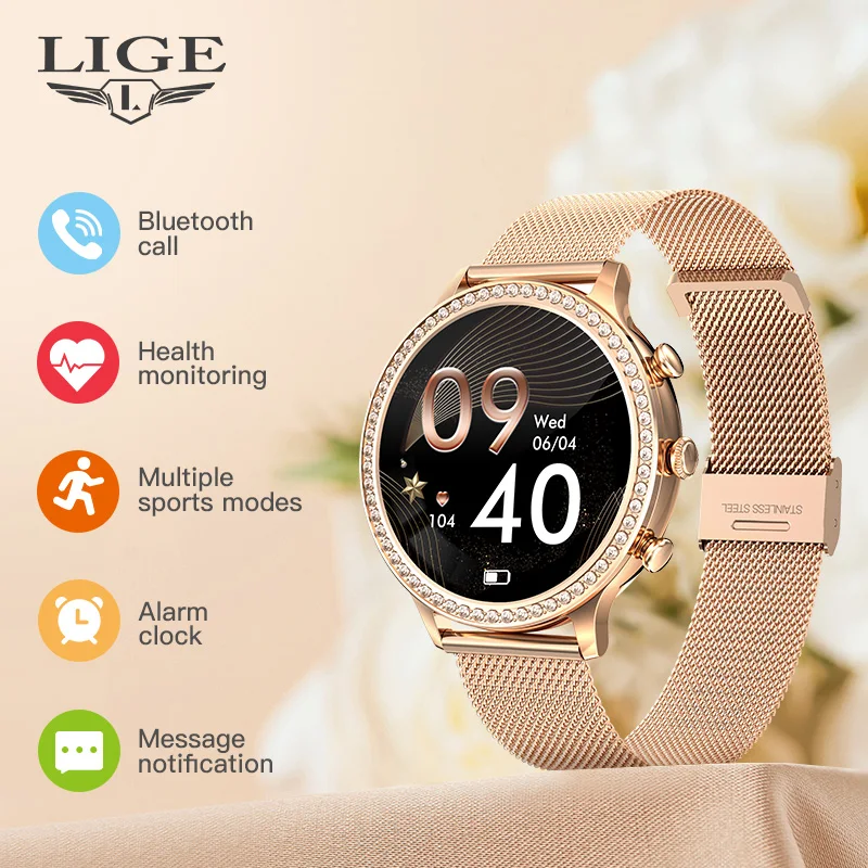 

LIGE 2024 New Smart Watches Women Bluetooth Call Phone Smart Band Custom Dial Heart Rate Monitoring Smartwatch For Android IOS