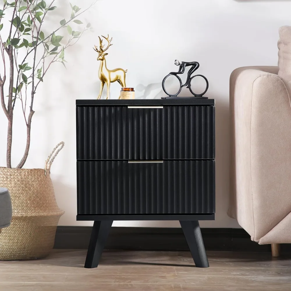 

Fluted Nightstand, Mid Century Modern 2 Drawer Bedside Table for Bedroom, Small Dresser Night Stand Side Table End Tables with W