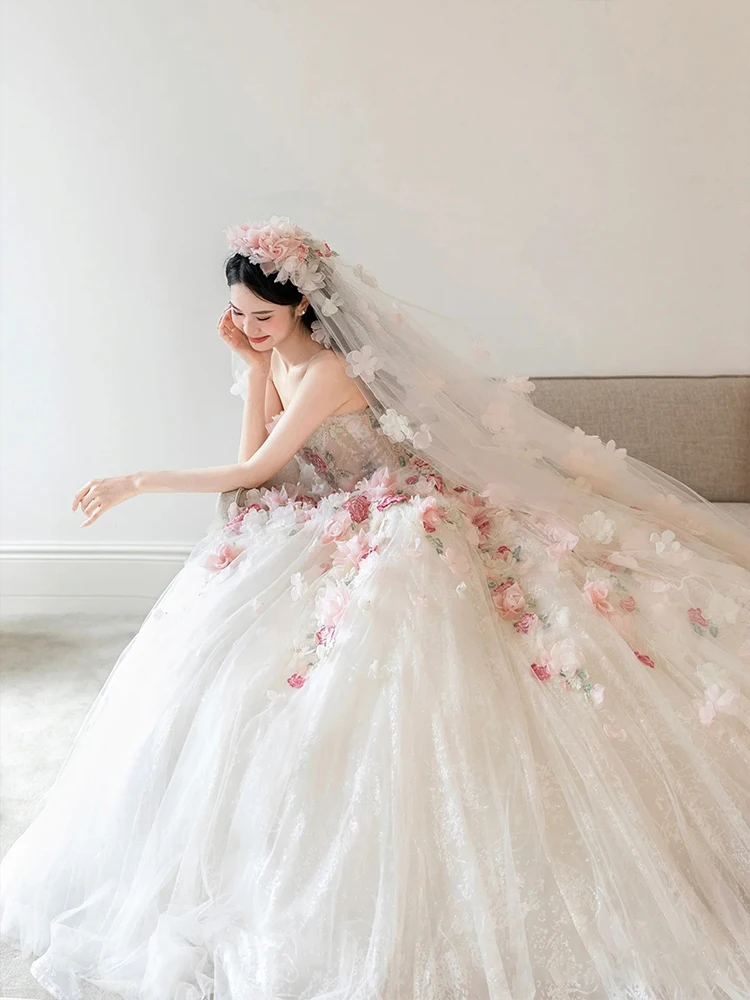 French Style Tube Top Flower Wedding Dress Bride Main Yarn 2026 New Advanced Texture Super Fairy Trailing Small Man out Light