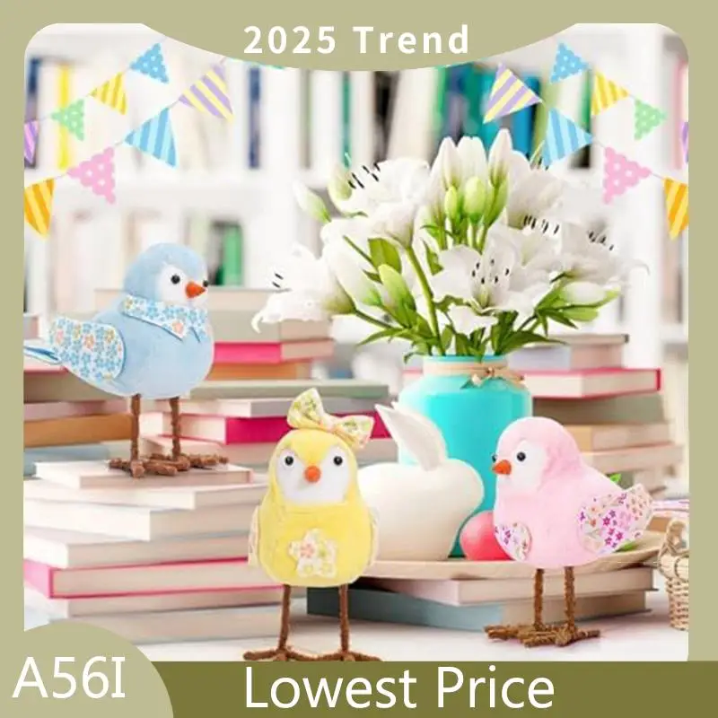 ABDD Easter Decorations Easter Bird Ornaments With Long Leg & Printed Scarf And Bow For Table Yellow
