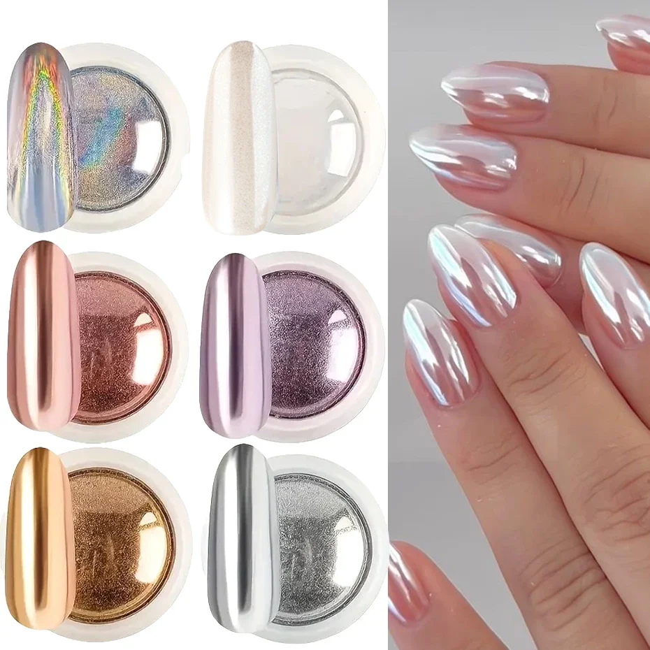 

6pcs Chrome Mirror White Nail Powder Pigment Gold Silver Rubbing Holographic Aurora Iridescent Metallic Nail ArtPower Decoration