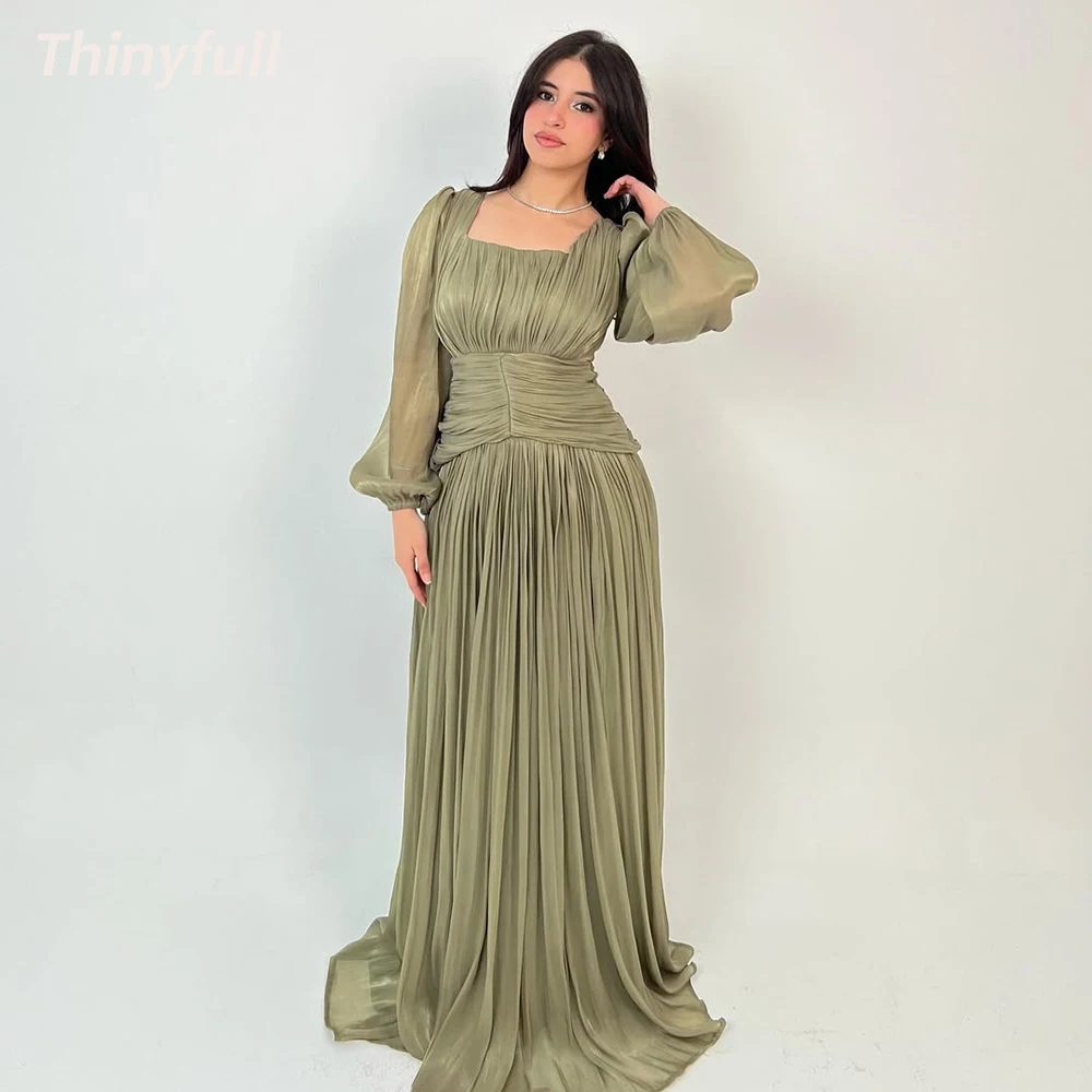 

Thinyfull A-line Arab Prom Dresses Square Collar Full Sleeves Shiny Satin Evening Gown Dubai Dress robes de soirée Customized
