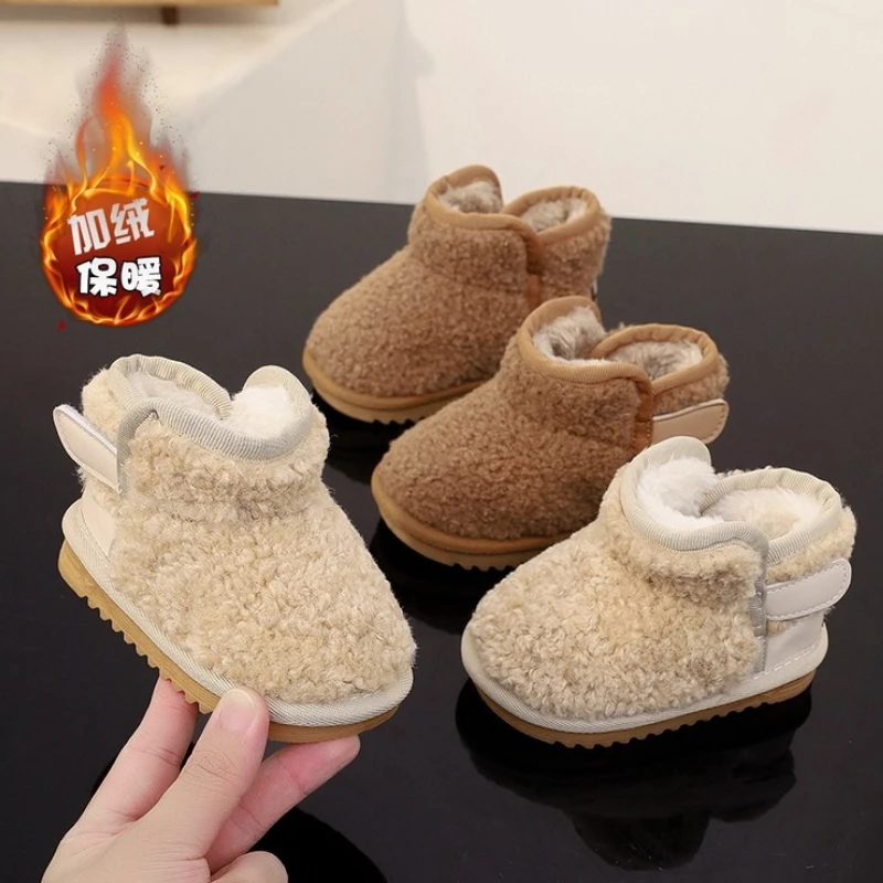 Baby Walking Cotton Shoe2025new Korean Version Retro Girl Snow Boot Flatshoes Simple Casual Anti Slip Warm White Belt Shortboots