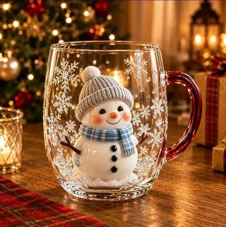 Cute Christmas Glass Coffee Mug, Reindeer Gingerbread Snowman Xmas Tree Print Cup, Winter Holiday Drinkware Gift