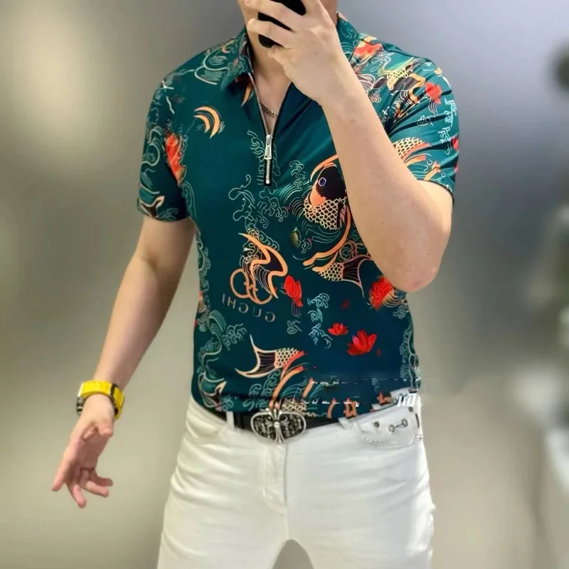 

Summer Lightweight Lucky Koi Pattern Collared Half-Sleeve T-Shirt Half-Zip Short-Sleeved Casual Sports Polo Shirt Men