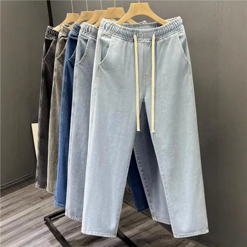 

Comfortable Elastic Waist Jeans Men's Loose Casual Straight Leg Pants Youth Faion High Street Long Trousers Cotton Material