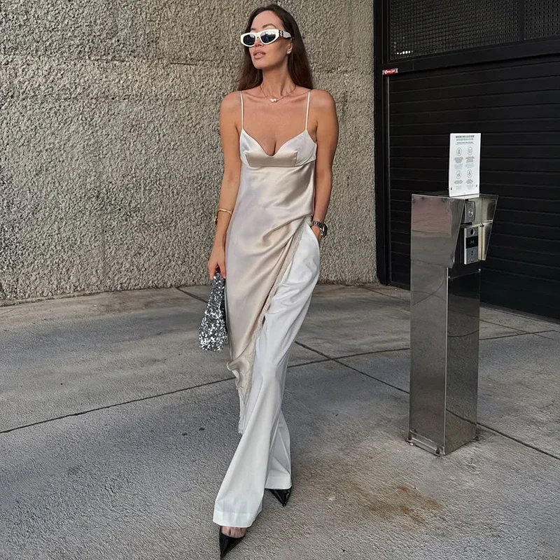 

Sexy Lace Satin Sling Dress Female Fashion Irregular Splice Mini Dress Elegant Autumn Ins Hot Sleeveless Lady Dress