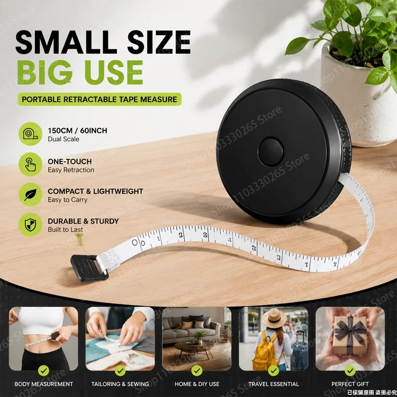 Retractable Tape Measure 150cm/60inch Dual Scale, One-Touch Auto Retract, Compact Soft Measuring Tape for Body Sewing Travel