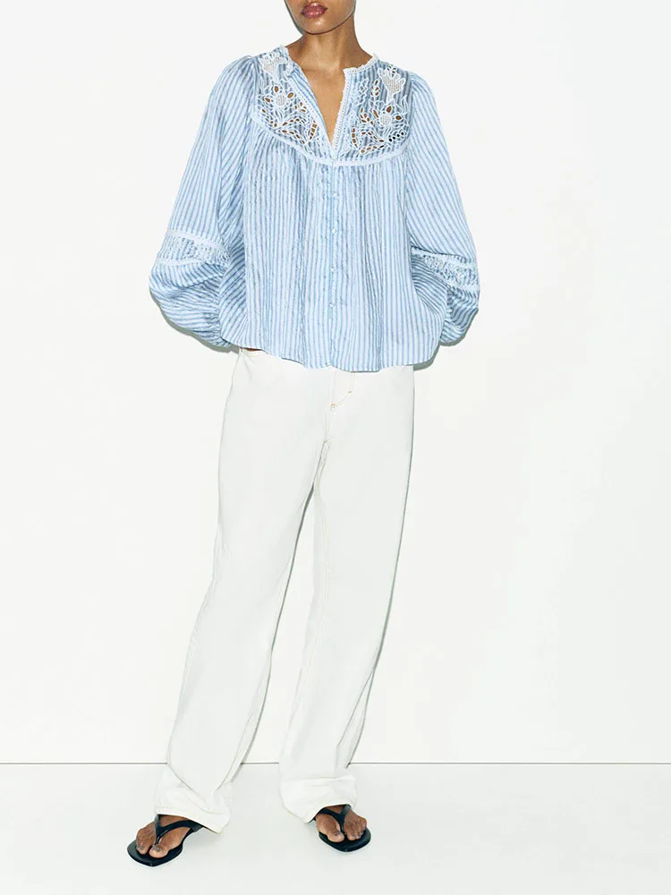 Summer 2026 Women's Fashion Long Sleeve round Neck Hollow out Embroidered Striped Shirt Versatile Elegant Chinese Style Top
