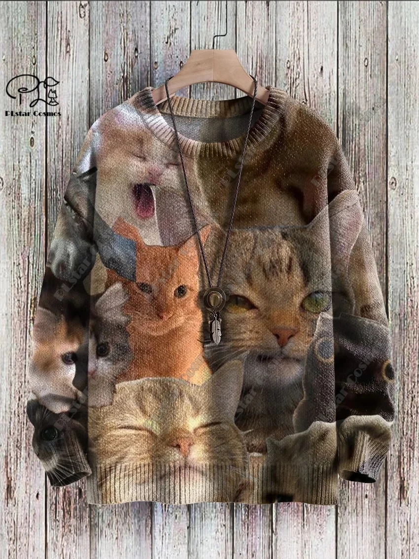 New Animal Series 3D Printing Retro Cute Cat Art Print Authentic Ugly Sweater Winter Casual Unisex Sweater M-6