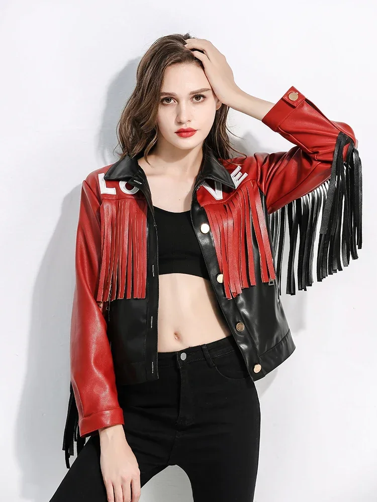 Contrast Spliced Fringed Leather Jackets for Women 2025 New Streetwear Slim Short Single Breasted Faux Leather Motorcycle Jacket