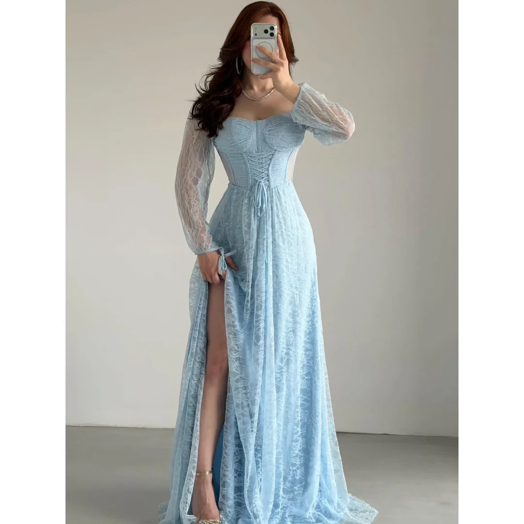 Line A Evening Dresses for Special Occasions Long Sleeves Sky Blue Customized Embroidered Lace Woman Party Dresses Prom Dress