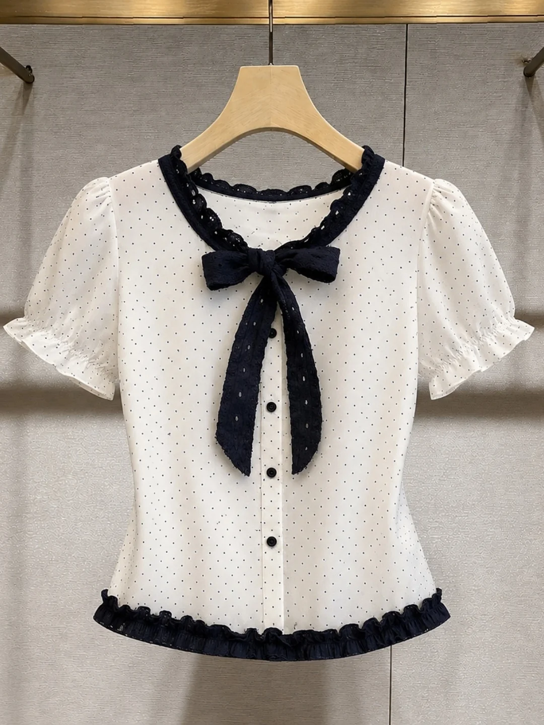 

Sweet Versatile Polka Dot Color Block Short Sleeve Comfortable Belted Top Korean Style Summer Slimming Elegant Silk Shirt