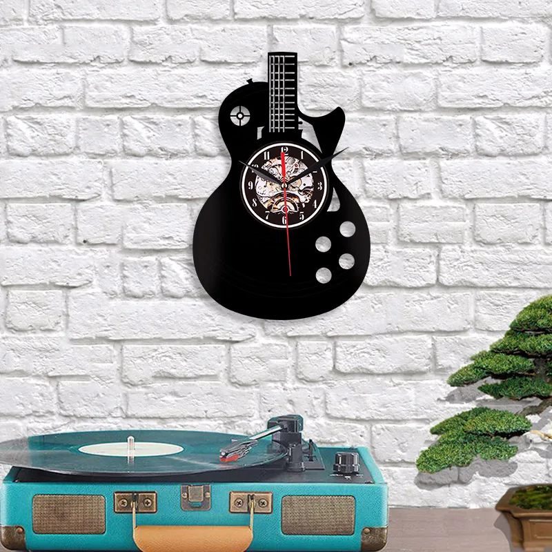 Guitar Elements Vinyl Records Wall Clock Instruments Guitar Performers Gifts Rock Music Enthusiasts Studio Wall Art Decor