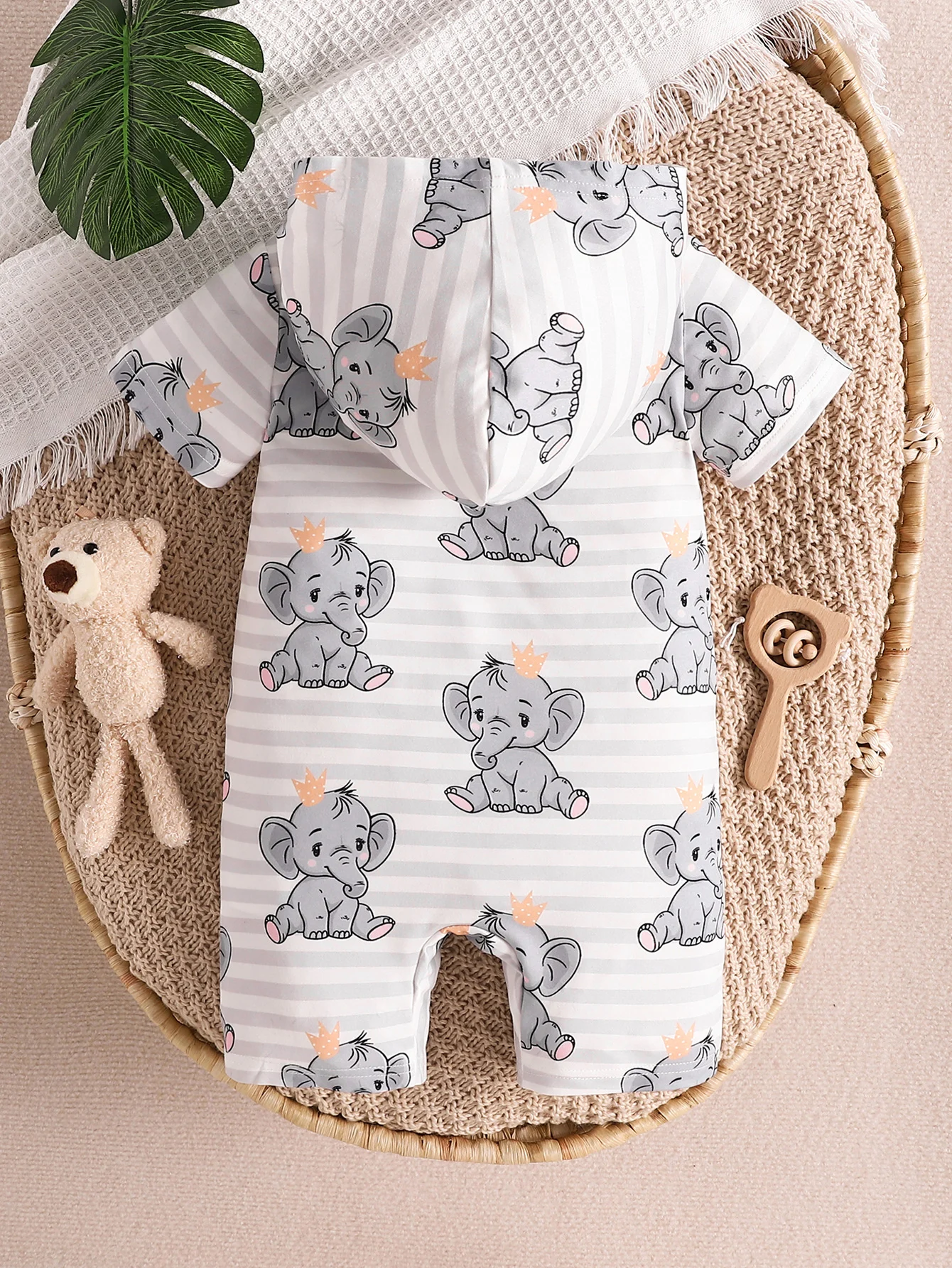 Baby Girls Casual Elephant Print Short Sleeve Hooded Romper Jumpsuit 2024 Summer Infant Newborn Cute Fashion Clothes