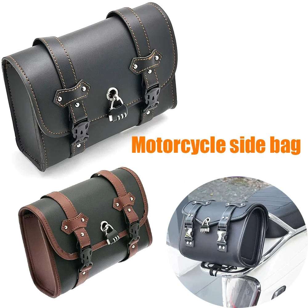 

Motorcycle PU Leather Side Saddle Bag Waterproof Luggage Storage Tool Bag With Two Mounting Belt Accessories Anti Theft Lock