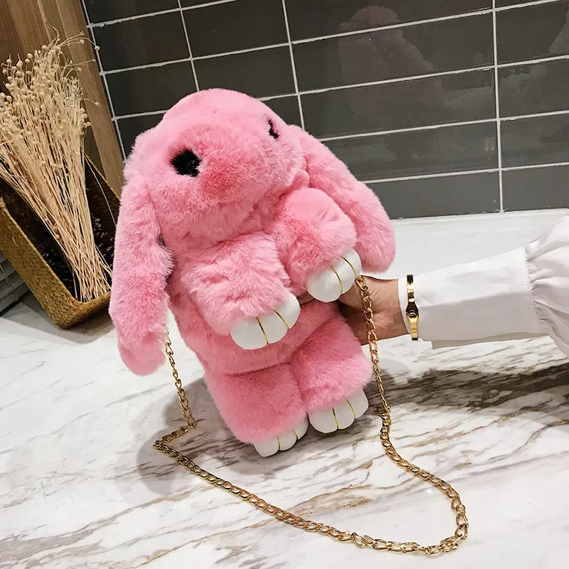 Cute Plush Rabbit Fur Pompon Bunny Backpack Handbag Women Girls Fluffy Eyelash Rabbit Chains Messenger Bag Party Gift