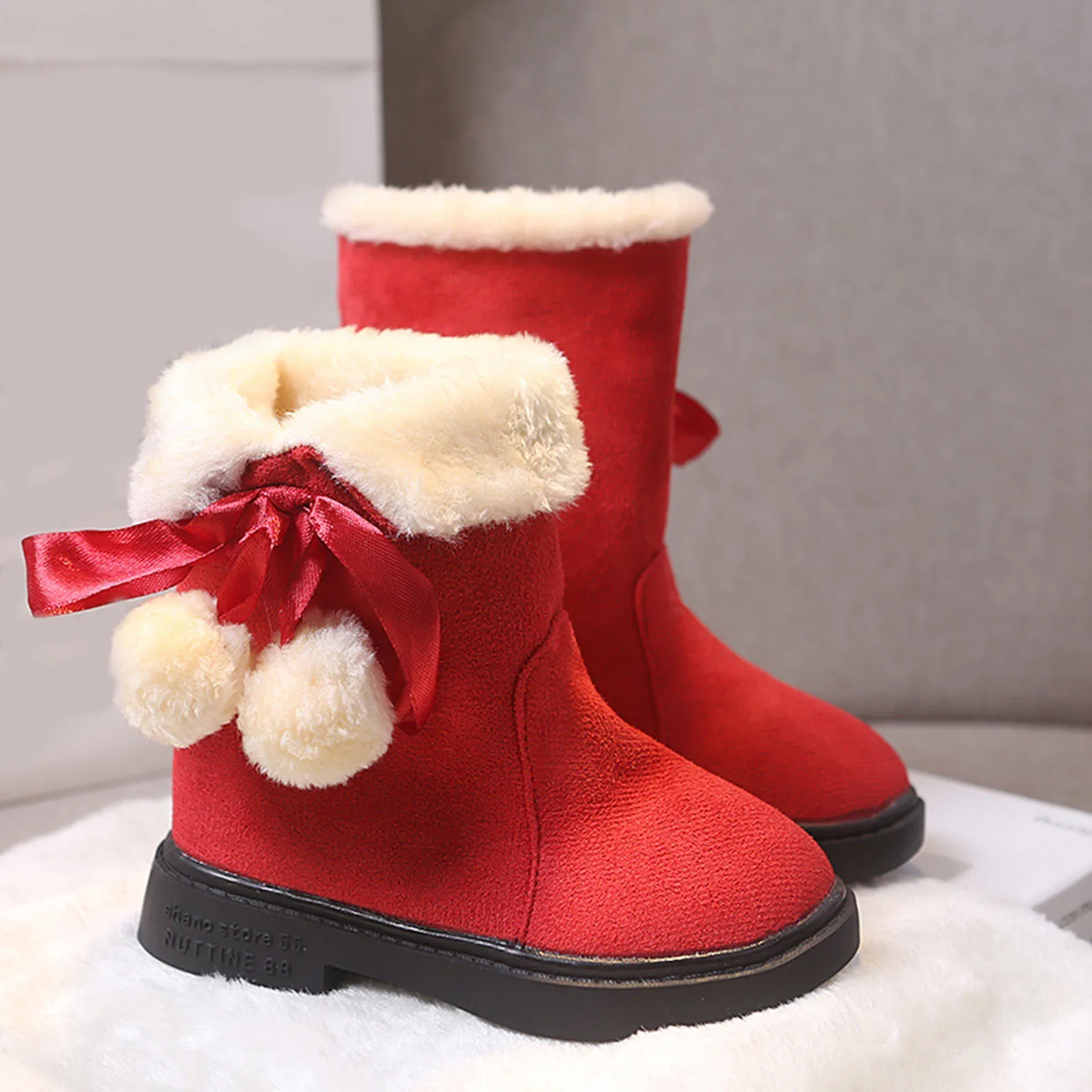 

Children's Winter Boots for Girls Princess Medium Big Kids Snow Boots Warm Fur Bowtie with Hairball Cute Sweet Plush Suede Boots