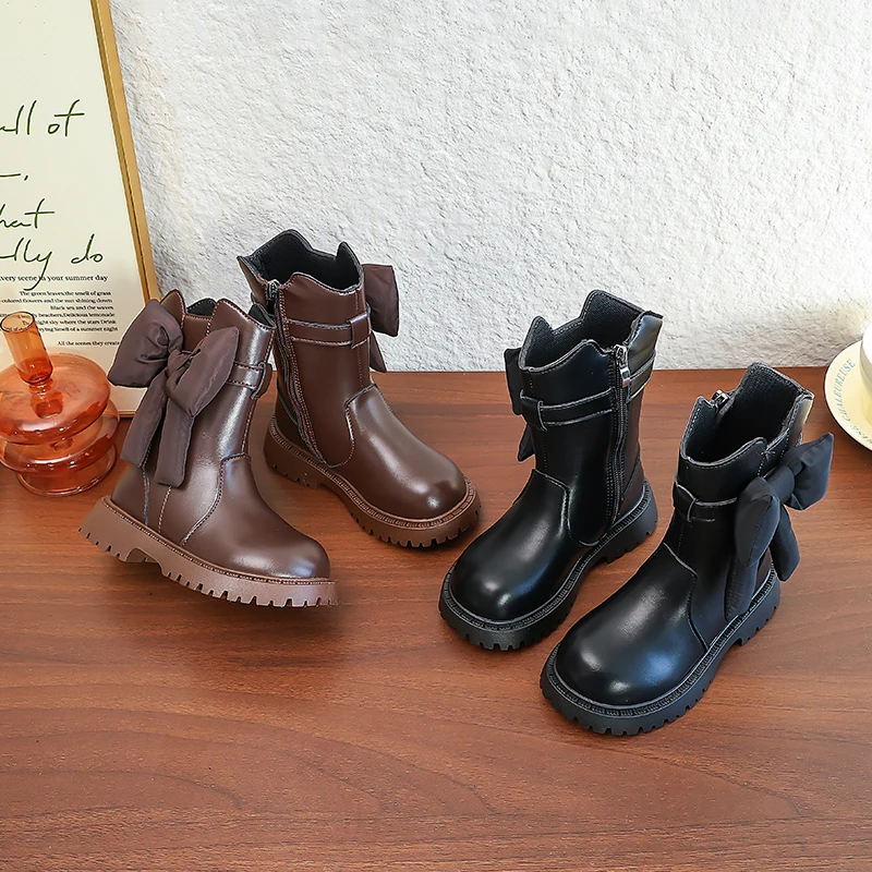 

2025 Girls Leather Boots Brown Bow Girls Shoes Spring Autumn Models Black Lightweight Non-slip Children's Mid-calf Boots