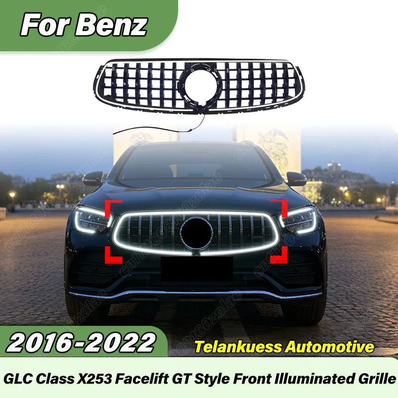For Mercedes Benz GLC43 GLC200 GLC300 2020 2021 2022 Automobile Luminous LED Grille Sports Racing GT Illuminated Grill Body Kit