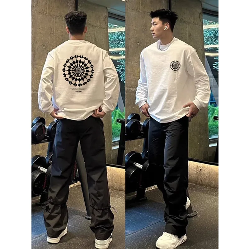 American Street Long sleeves T-shirt Men Autumn 2025 New 100%Cotton Oversize Loose White Sports Gym T-shirt Top Y2k Men clothing - Image 4
