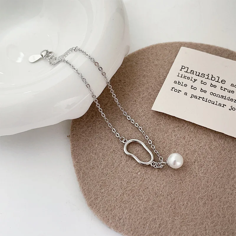

S925 Sterling Silver Geometric Hollow Pearl Bracelet INS Minimalist Korean Niche Jewelry Irregular Design for Women