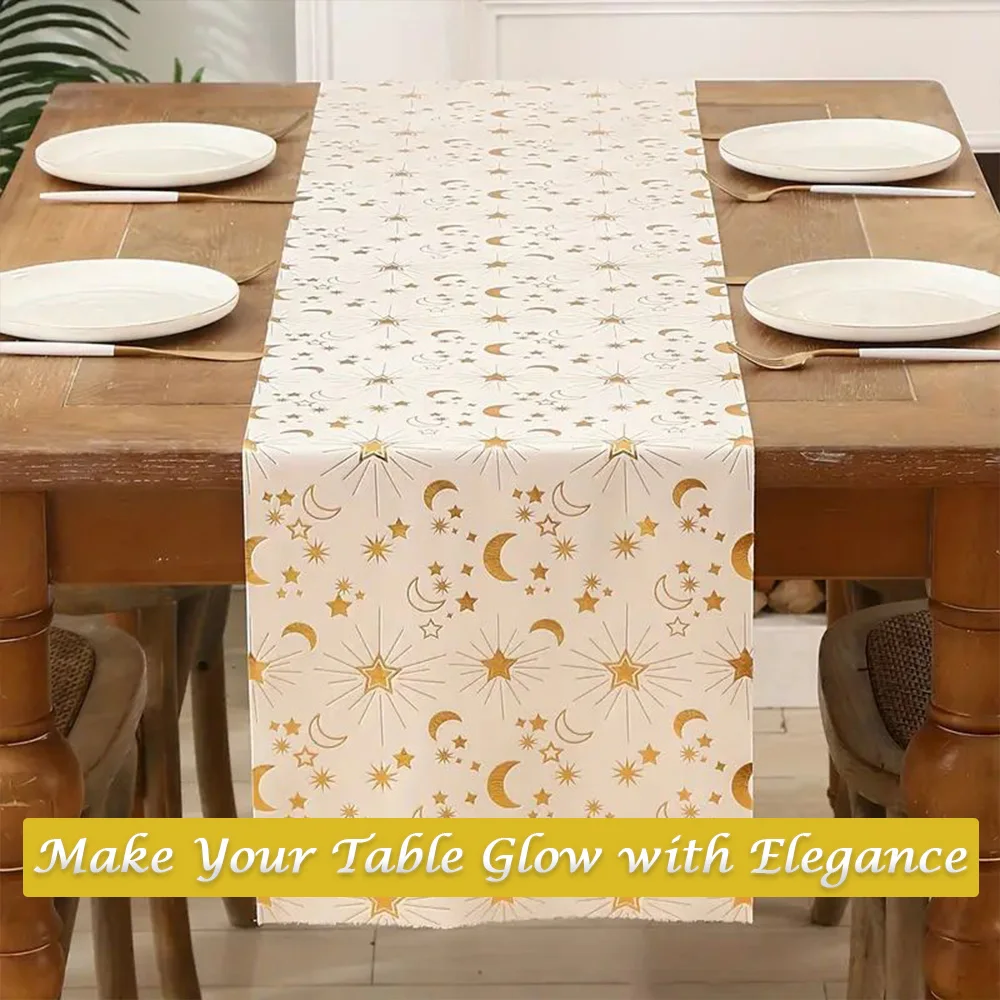 

Velvet Gold Table Runner with Moon & Star Design – Elegant Party & Holiday Table Decor for Home, Dining Room, and Events