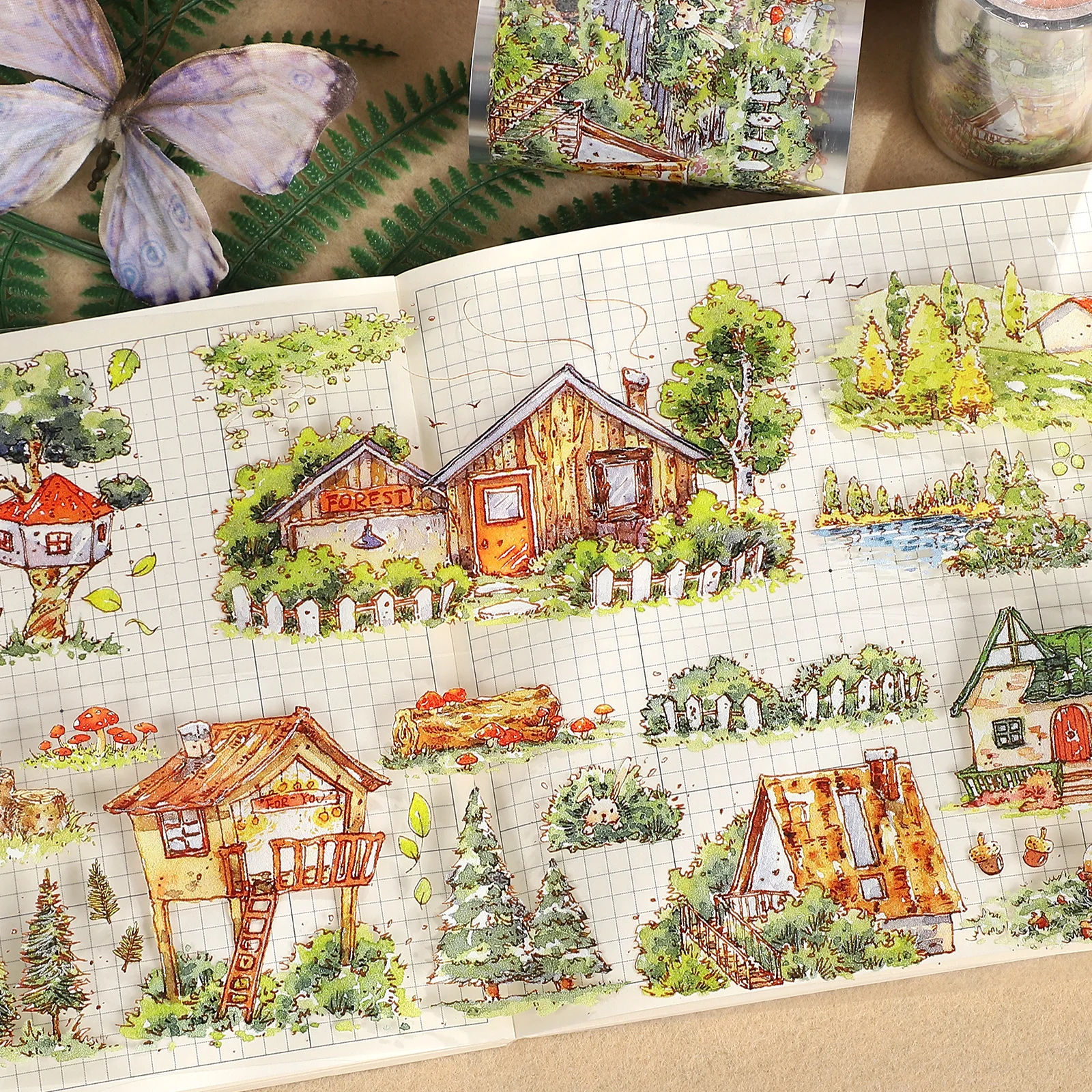 

70 мм * 500 см винтажная лесная кабина, дом на дереве, пейзаж, ПЭТ-лента, креативный DIY материал для журнала, коллаж, скрапбук, канцелярские принадлежности