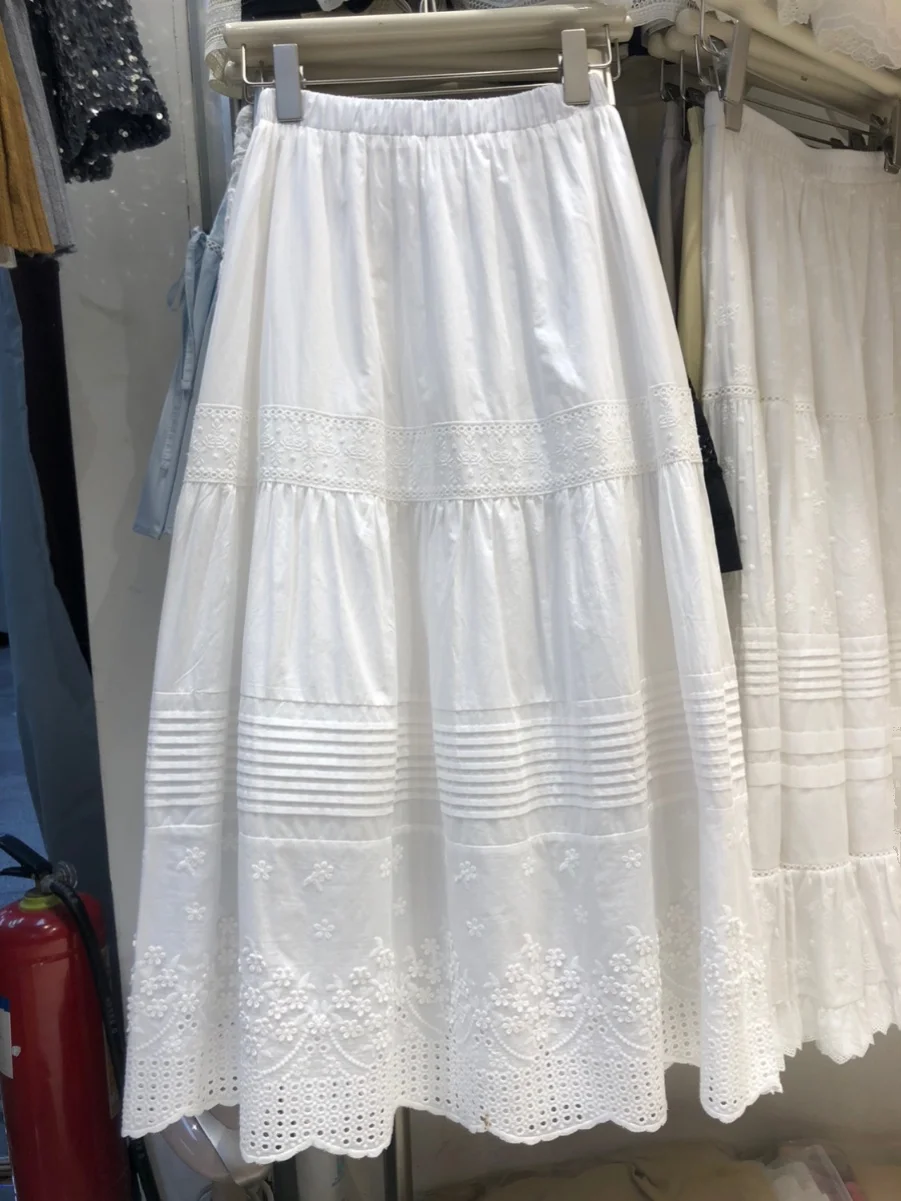 

Heavy Embroidery White Hollow out Baked Cake Skirt Women's Midi Skirt Spring Sweet Sle High Waist A-Line Skirt