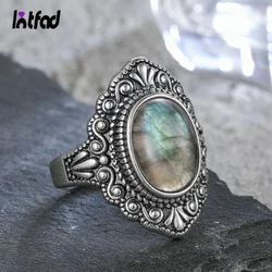 Oval Natural Labradorite Rings for Women Men 925 Sterling Silver Ring Finger Ring Retro Gemstone Rings Jewelry Party Gift