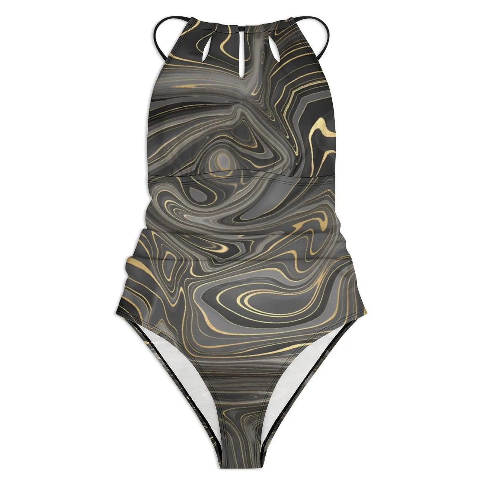 Swirls Swimsuit Black Gray Gold Marble One Piece Swimwear Push Up Classic Monokini Sexy Holiday Surf Graphic Bodysuit