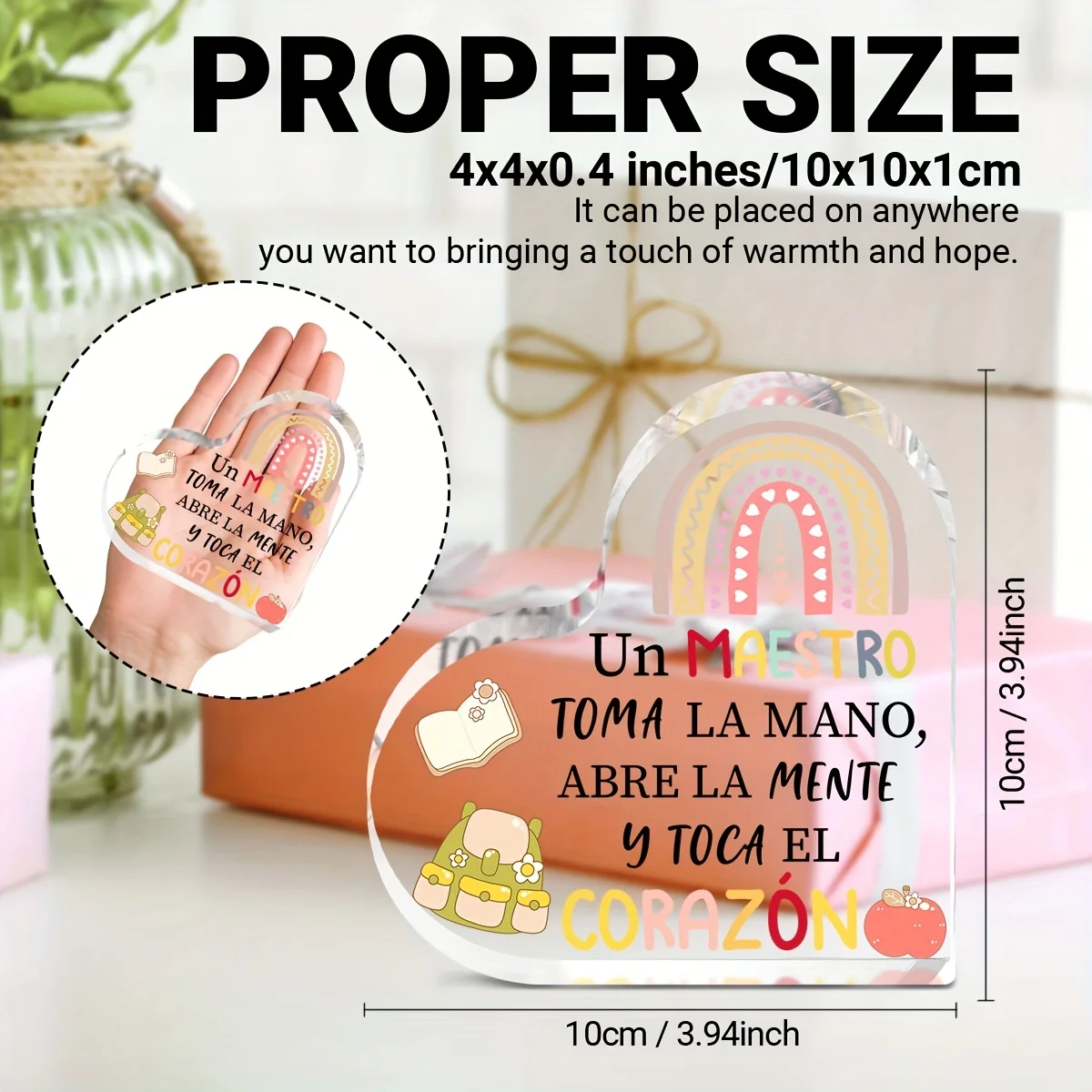 Spanish Teacher Appreciation Heart‑Shaped Acrylic Tabletop Plaque, Rainbow Book Backpack Apple Thank‑You Desk Keepsake Gift