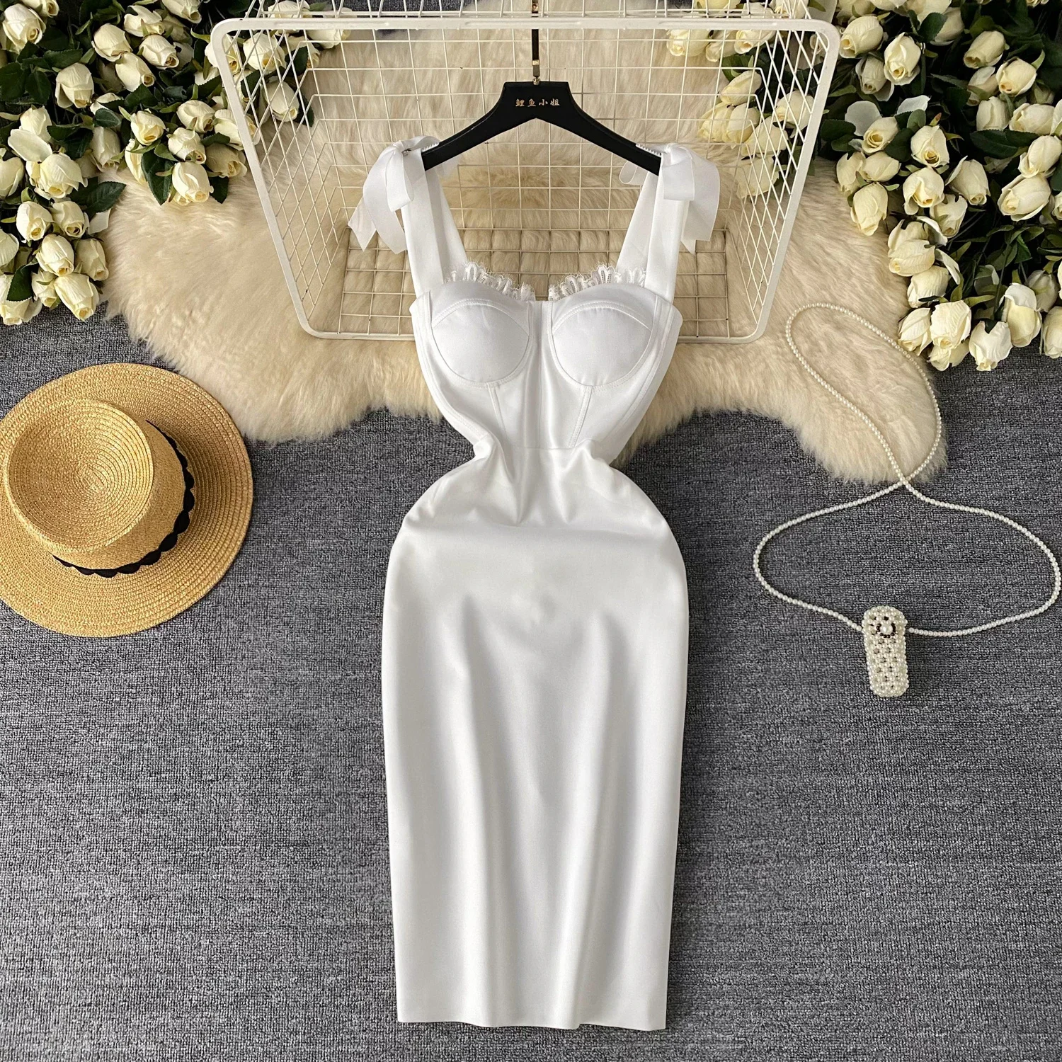 

Chic Vintage Elegant Bandage Blackless Slip Dress Women Summer Korean Beach Sweet Vacation Vestidos Slim Evening Party Dresses