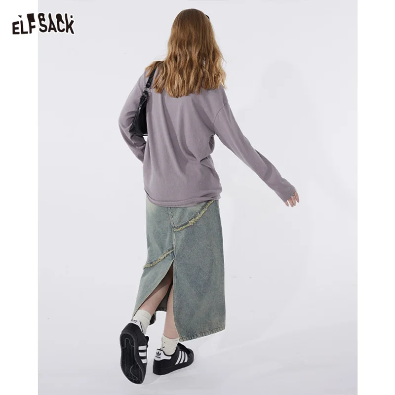 ELFSACK raw hem split high-rise skirt street style vintage mid long length skirt 2024 spring new straight denim trapeze skirt