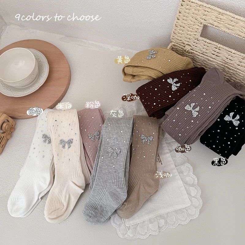 KID Girls Kawaii Rhinestone Bow Footed Tights Sweet Fashion Style Soft Stretchy Breathable Ideal for Daily Outfit Children Pants view 3