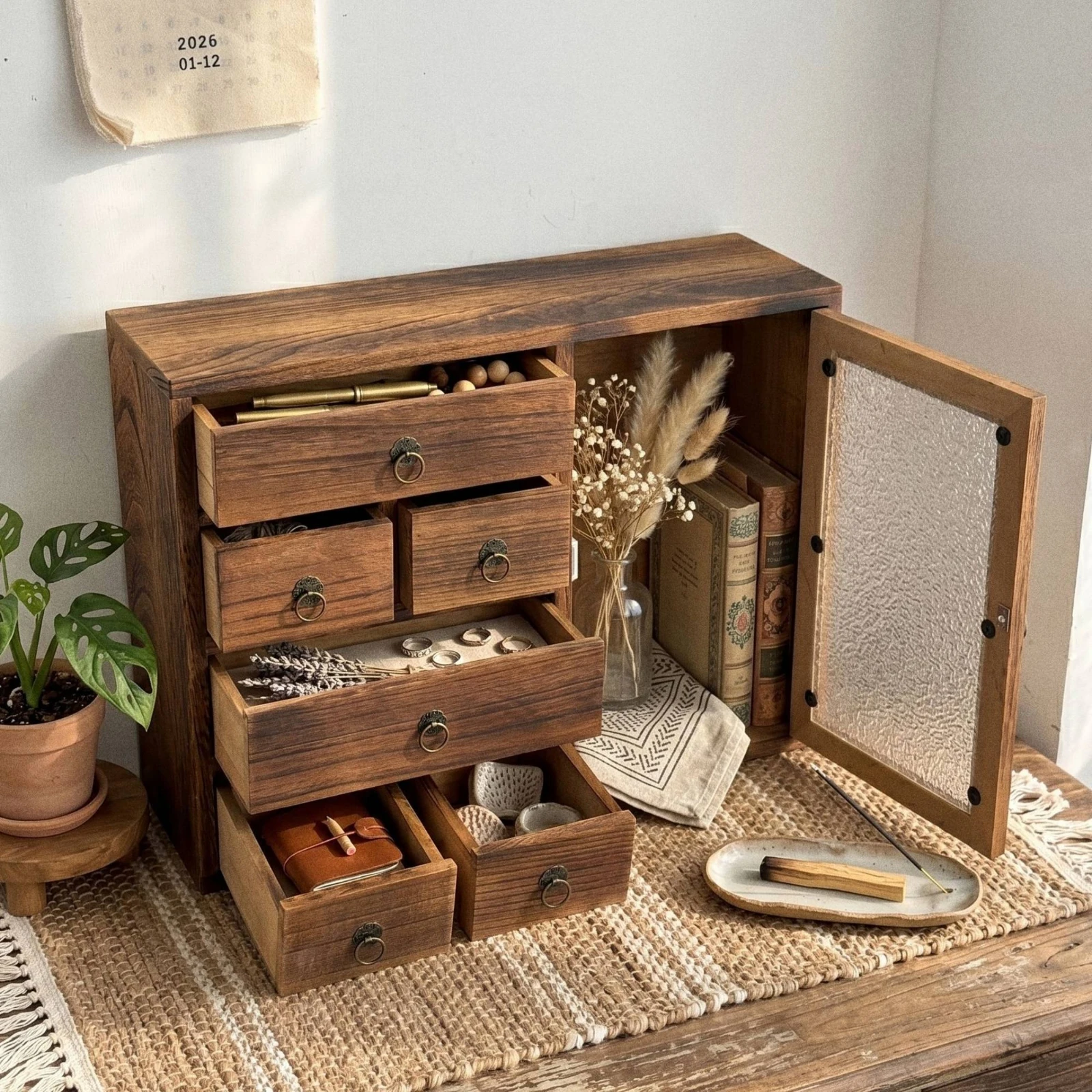

Wood Storage Cabinet Circular Pull Handles Drawer Cabinet Tabletop Organizer Vintage Finish Desktop for Office Desk