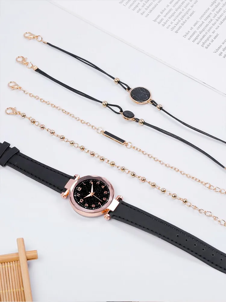 5pcs Women's Starry Sky Digital Scale Black Belt Quartz Watch+Bracelet Combination Set image 4