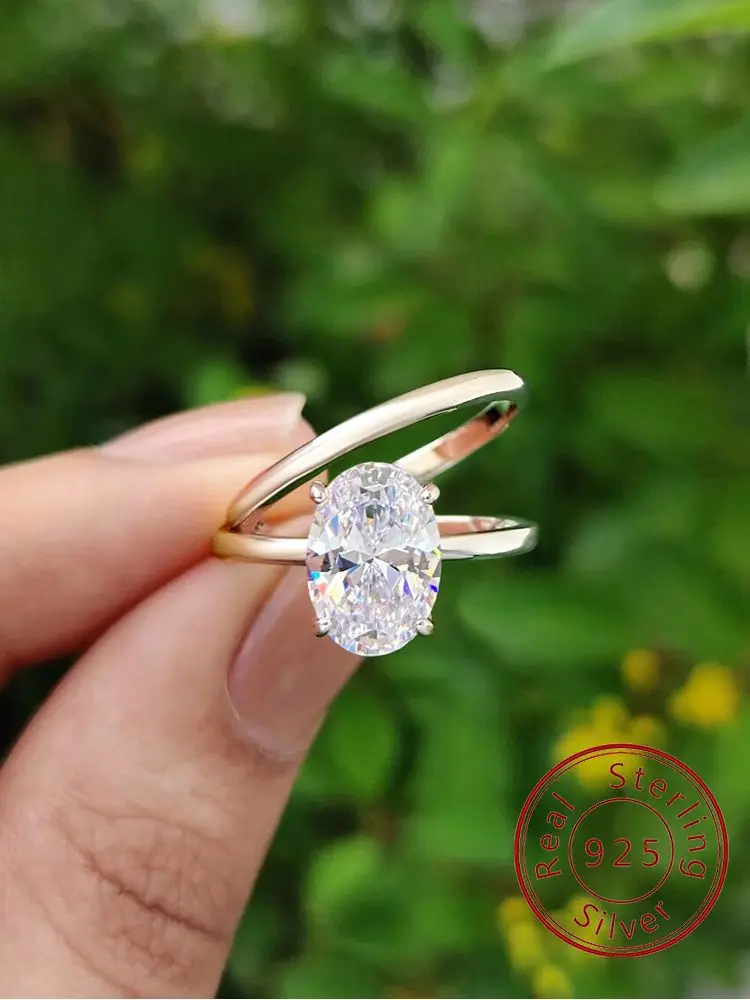 

925 Sterling Silver Fashion Plain Shiny Oval Zircon Ring Set For Women Anniversary Wedding Luxury High Quality Fine Jewelry
