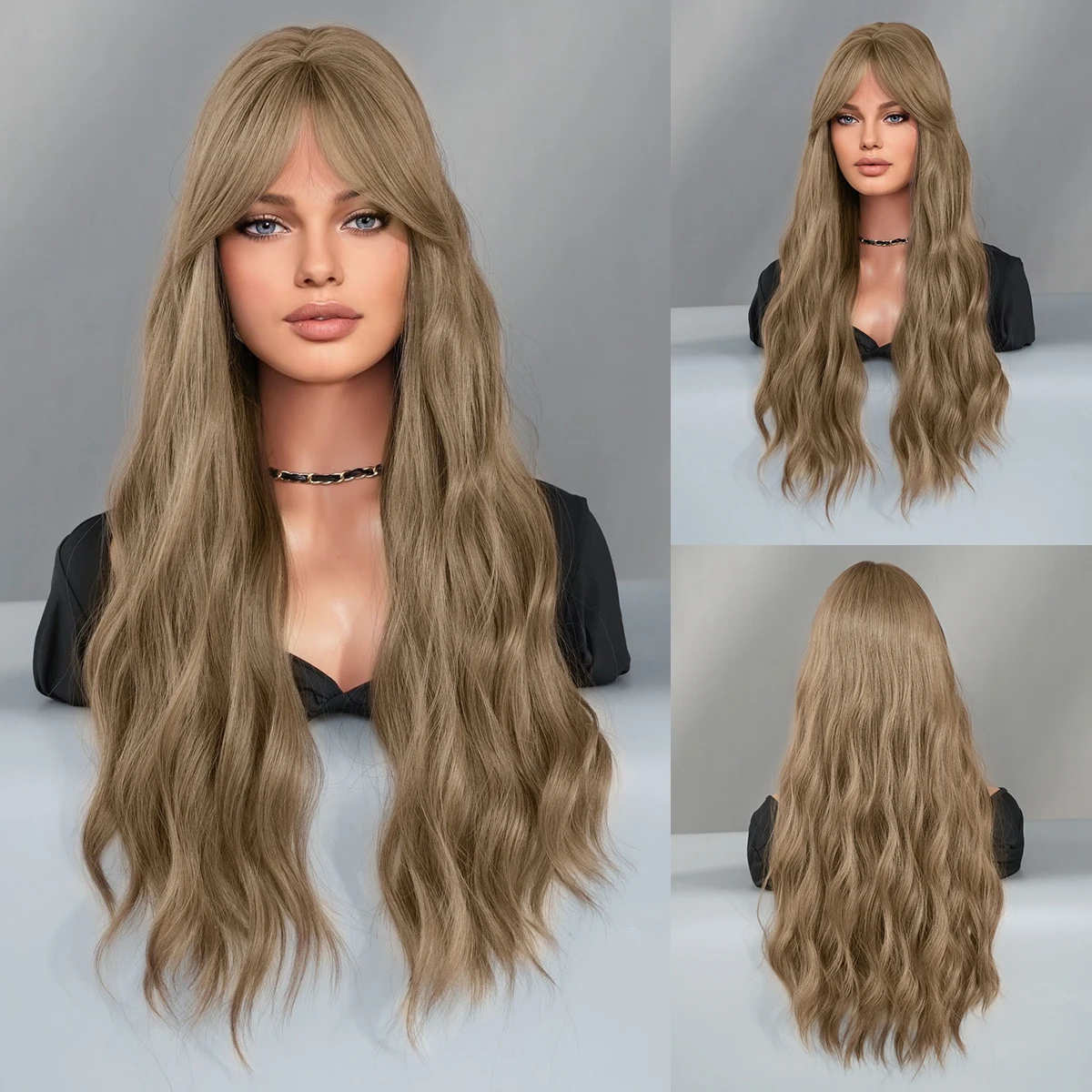 

PARK YUN Long Loose Curly Wave Cool Brown Wigs Mid Split Wig High Density Synthetic Layered Light Brown Wigs for Women Daily