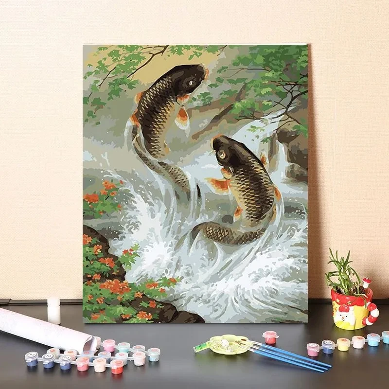 

Digital oil painting filling Chinese auspicious Ruyiyi Goldfish Carp Porch decoration color oil color acrylic painting