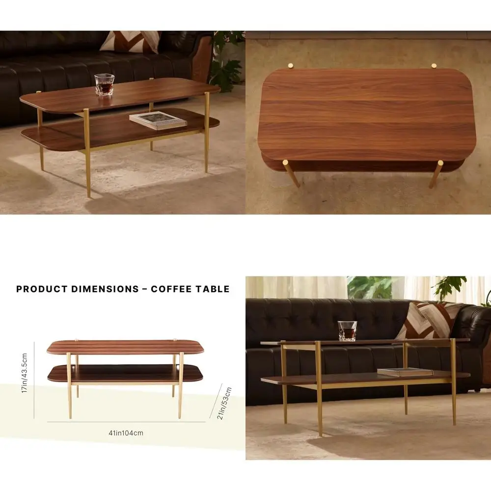 

Mid-Century Walnut Two-Tier Coffee Table with Gold Metal Legs, 41 Diameter x 21 Width x 17 Height