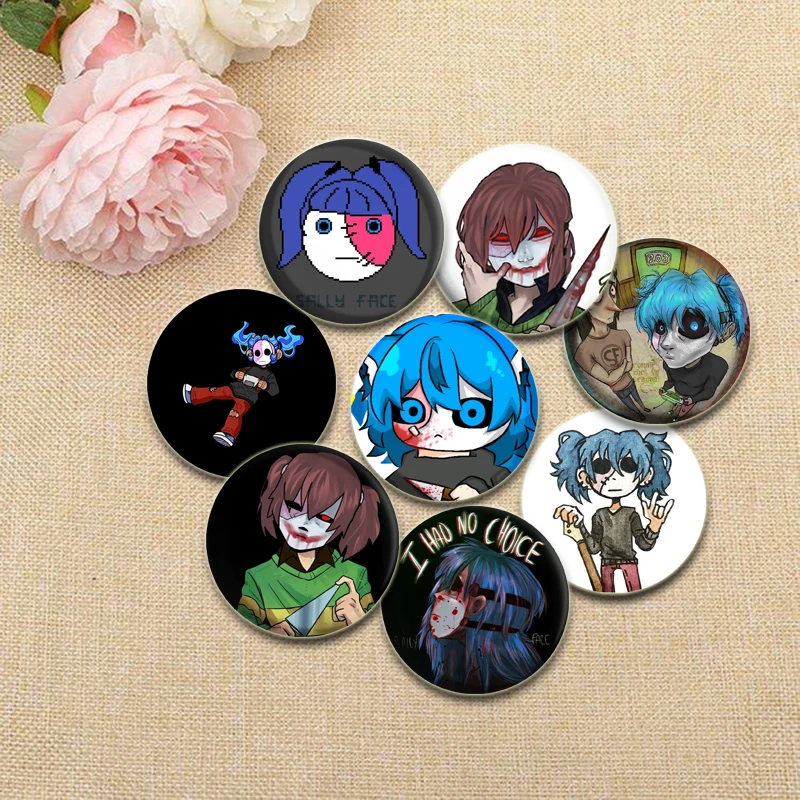 Broches de Anime con estampado HD de Sally Face de 58mm, insignia de juego de rompecabezas de suspenso de terror, alfileres redondos de exhibición de dibujos animados, accesorio de regalo de joyería