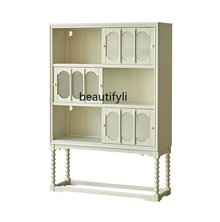 

French Cream Retro Solid Wood Tall Food Side Cabinet Restaurant Wine Cabinet Storage Bucket Cabinet