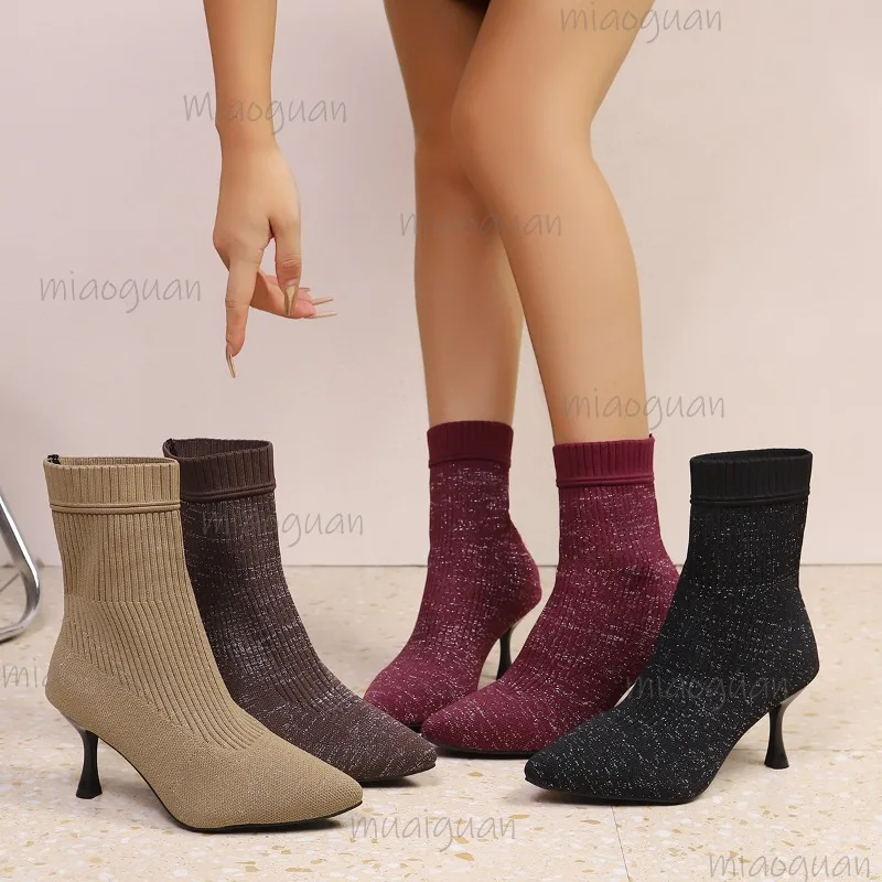 

Размер 36–43, женские модные ботинки из эластичной ткани на высоком каблуке-шпильке с острым носком, осень-зима 2022, элегантные короткие ботинки Botas Mujer