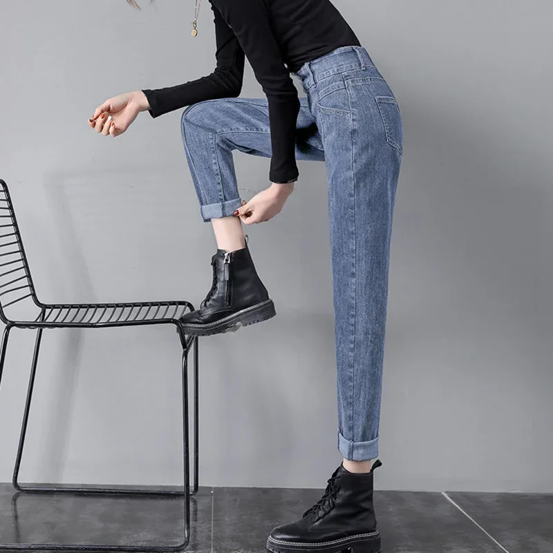 2024 New Korean Fashion Button Harem Jeans Women High Waist Girl Pants Student 92-96cm Ankle Classic Blue Casual Denim Trousers