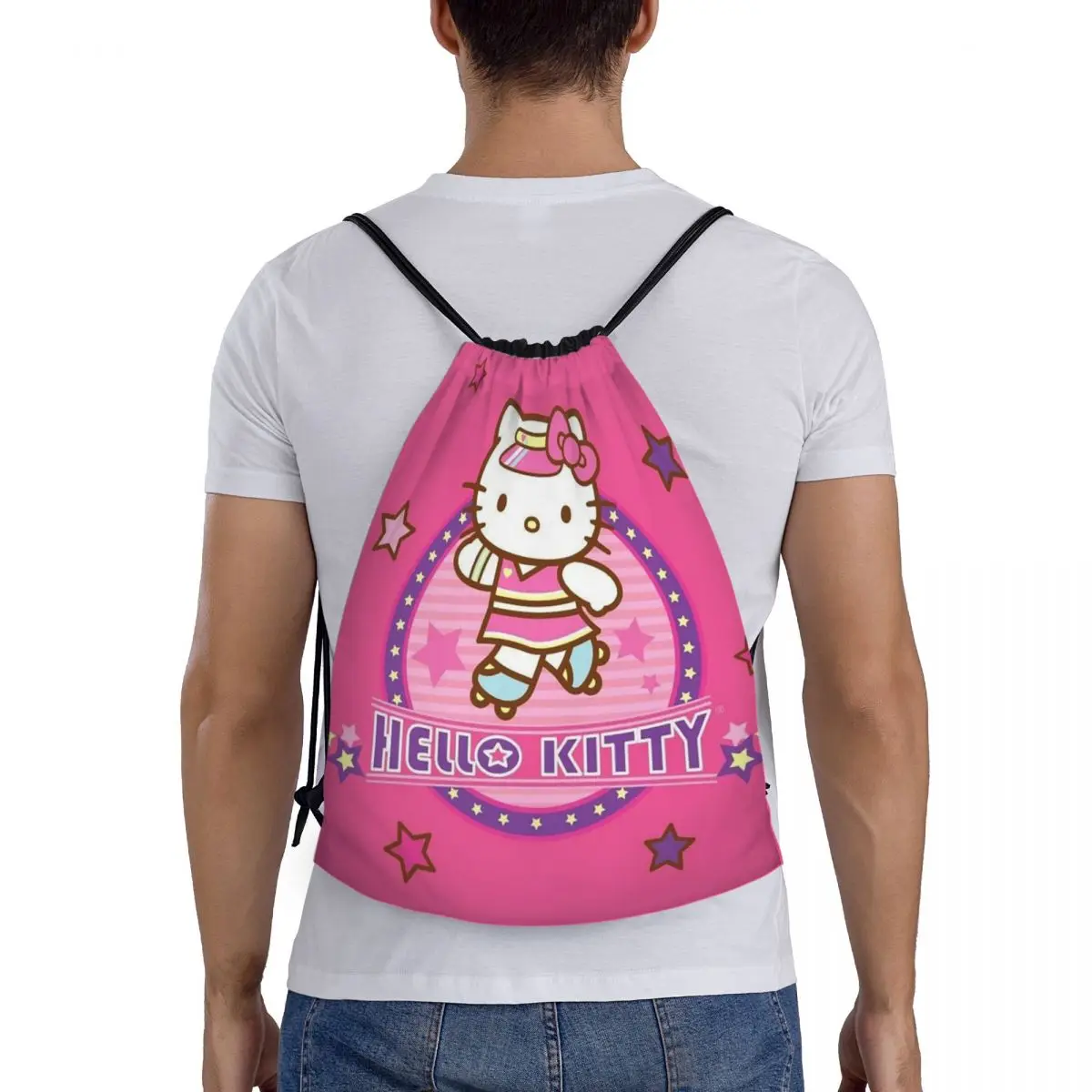 사용자 정의 헬로 키티 고양이 스케이트 디자인 Drawstring 배낭 스포츠 체육관 가방 남성 여성 Kawaii 새끼 고양이 훈련 Sackpack