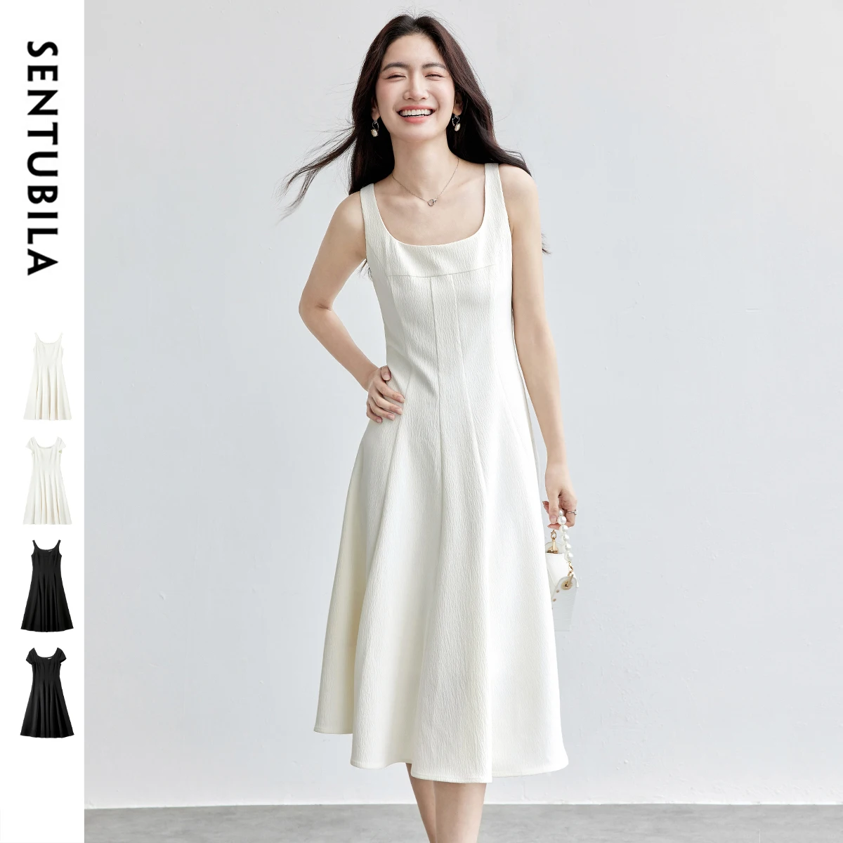 SENTUBILA ผู้หญิงชุดเดรสทรงเอฤดูร้อน 2025 แขนสั้นคอเหลี่ยมสีทึบพับวันหยุดชุดเดรสสำหรับสุภาพสตรีออฟฟิศ Q52LD1948