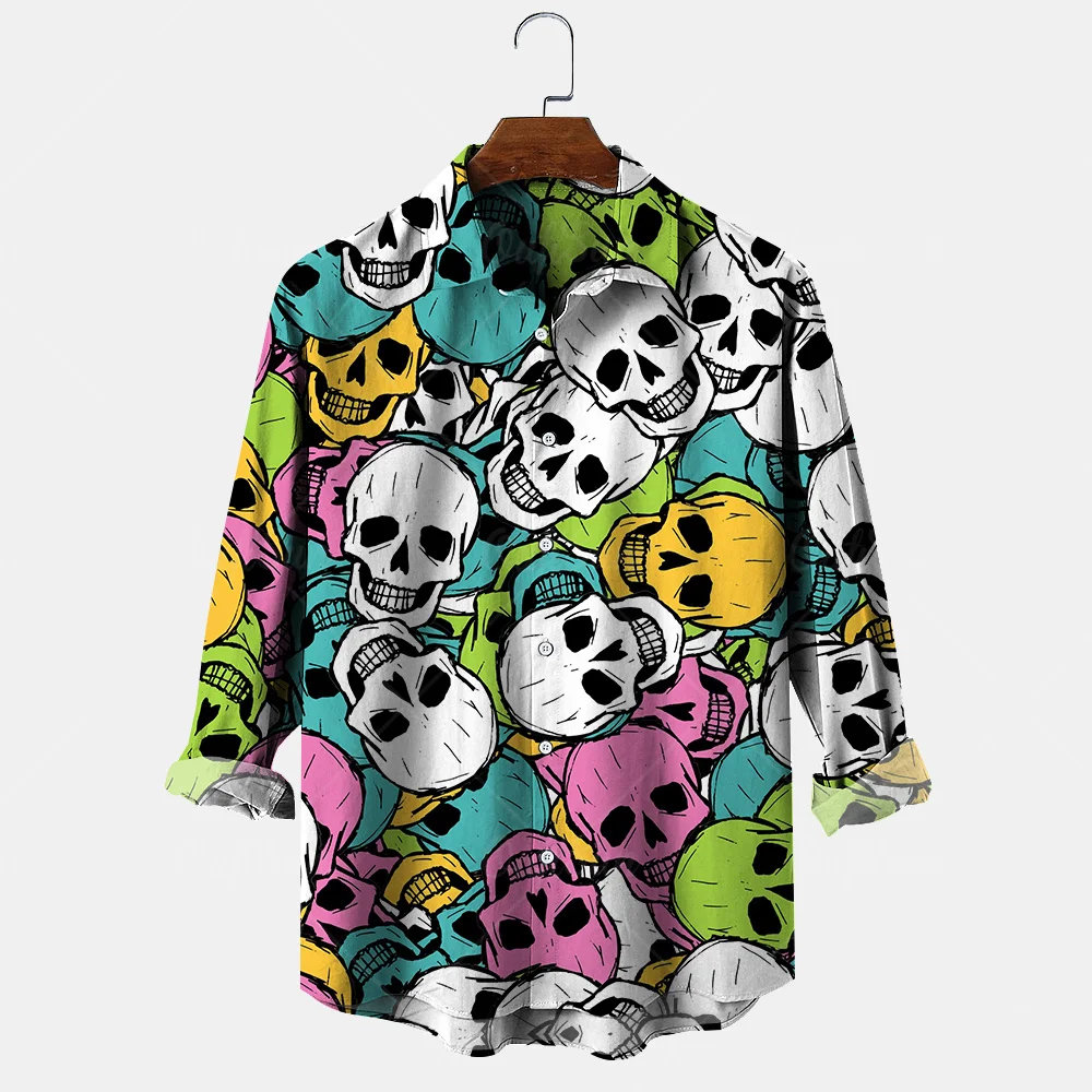 Autumn Skull Print Long Sleeve Shirts Men\'s Polo Collar Long Sleeve Shirt Personalized Outdoor Casual Clothing Men\'s Loose Tops